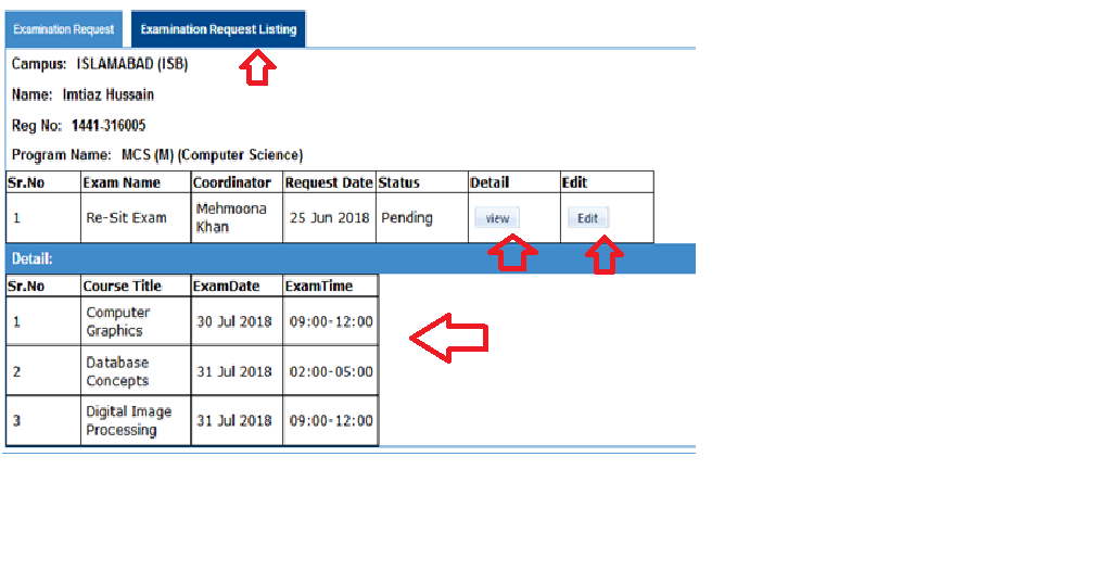 Image for how to View or edit your submited online Exam Application form Preston University Islamabad kohat campus pakistan